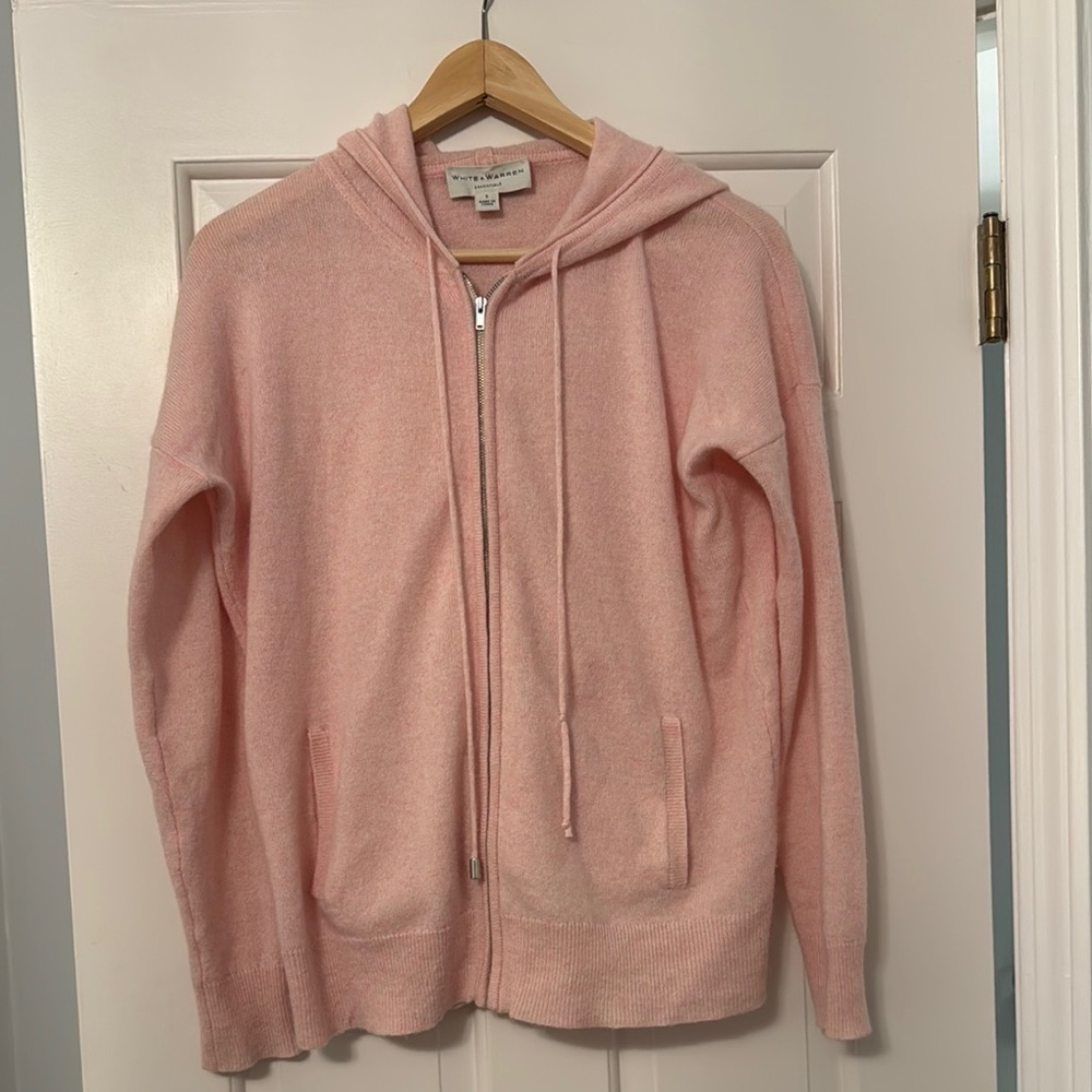 White + Warren 100% Cashmere Pink Zip-Up Hoodie, Small